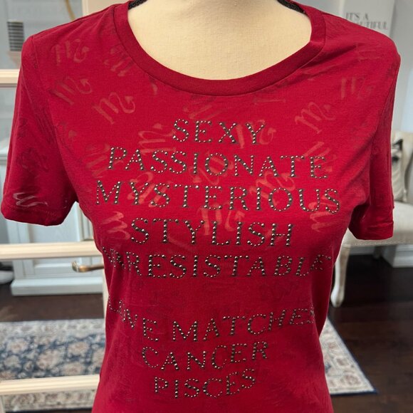 SCORPIO Red Burnout T-shirt Horoscope Zodiac Embellished Shirt NWT Express M - Picture 2 of 9